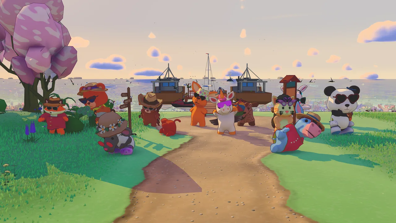A crowd of dressed-up baby animals on the path up from the dock