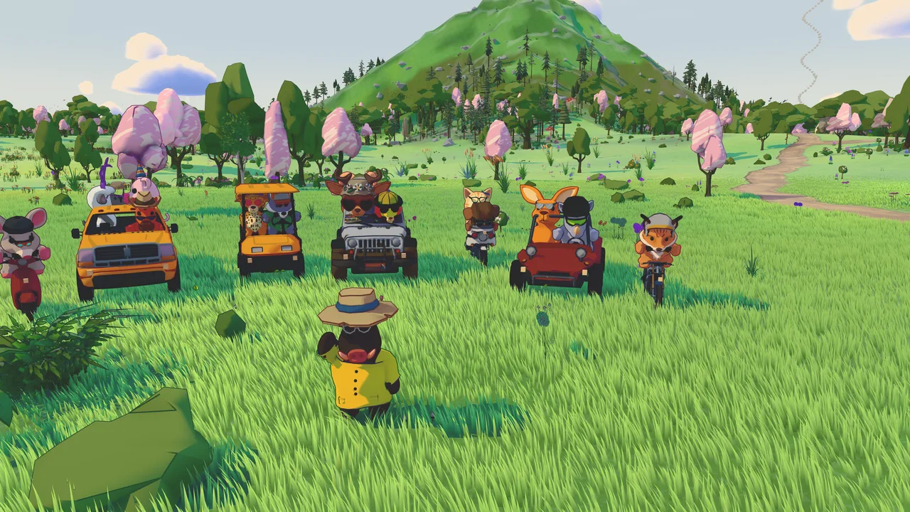 Cars, a jeep and scooters driving across a grassy meadow